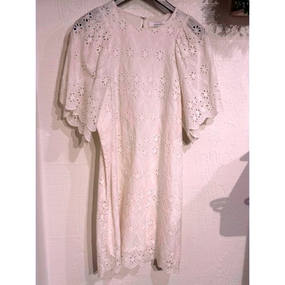 Avantlook White Eyelet Mini Dress Puff Sleeve Floral Embroidery Crew Neck Lined